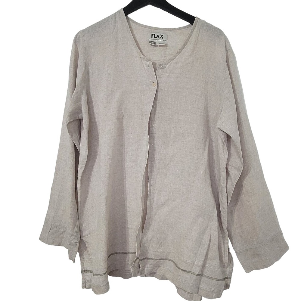 Flax Linen Tunic Top M Biege Long Sleeve Button Up Coastal Lagenlook Resort
